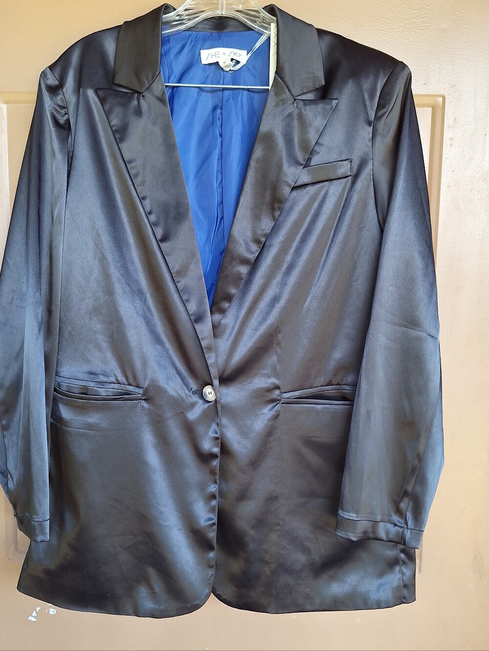 She+Sky Women M Black Satin Single Button Blazer Jacket  Career Chic NWT Party